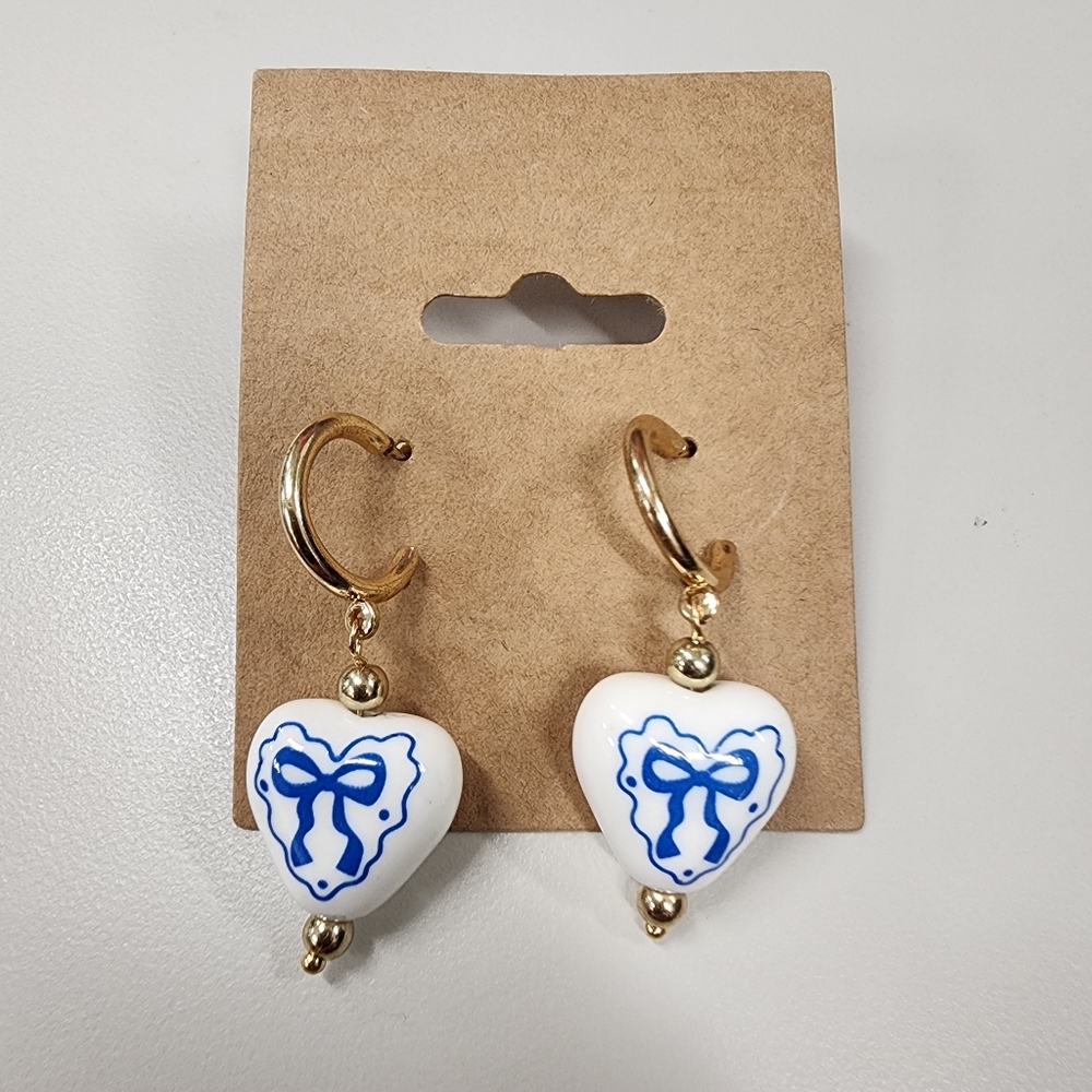 Vintage-Style Blue & White Ceramic Heart Hoop Earrings Coquette Dainty Huggie